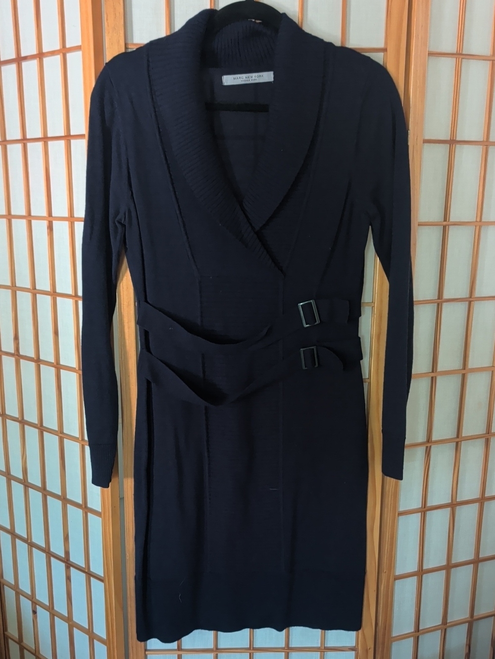 Marc New York Navy Shawl-Collar Belted Sweater Dress
